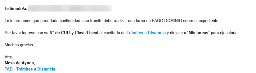 Mail de pago de Trámites a Distancia